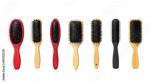 A collection of various hairbrushes with different colors and designs