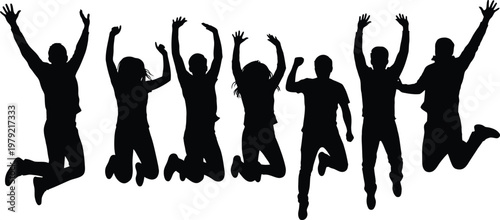 Happy people jumping silhouettes celebration joy isolated on white background