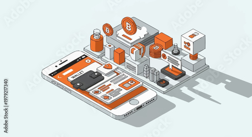 Digital cryptocurrency wallet on a smartphone screen with abstract blockchain elements and Bitcoin symbols.