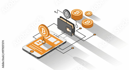 Digital cryptocurrency wallet connected to a smartphone and Bitcoin coins, representing online financial transactions.
