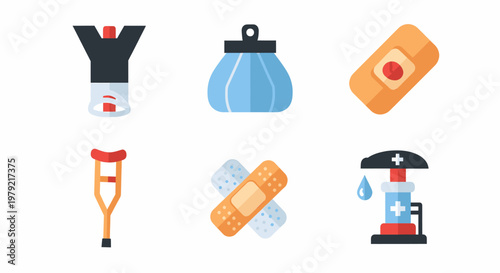 Medical Icons Set with Crutch Ice Pack Bandage and Sanitizer