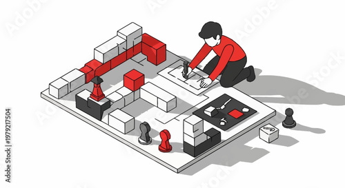A person playing a strategy board game, building and planning moves on a grid with blocks and pawns.