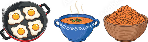 Fried eggs in pan lentil soup bowl and dry lentils vector illustration set healthy protein food concept isolated