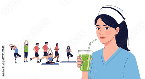 Nurse Drinking Green Juice Beverage.