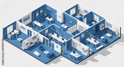 Isometric view of a modern office interior with cubicles, meeting rooms, and reception area.