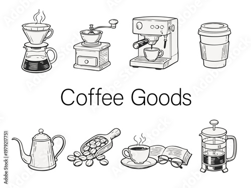 Coffee line art set, hand drawn coffee tools illustration, dripper, espresso machine, kettle, beans, minimal outline, コーヒー器具線画セット・ベクター素材