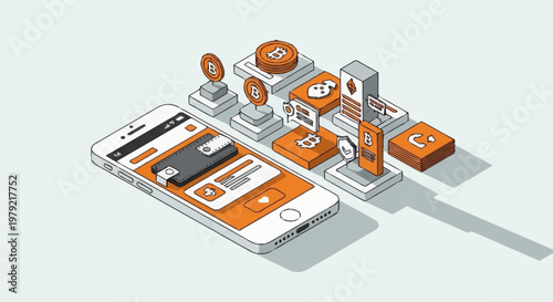 Digital currency and cryptocurrency hardware wallet on a smartphone with various crypto coins and symbols.