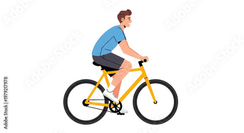 A young man riding a yellow bicycle on a white background side view
