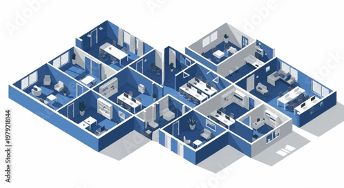 Isometric view of a modern office layout with multiple rooms and workstations.