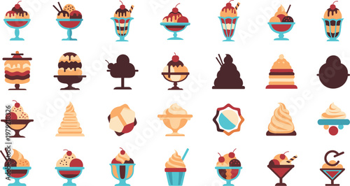 Ice Cream Sundae Vector Set Collection with Dessert Cups and Sweet Icons