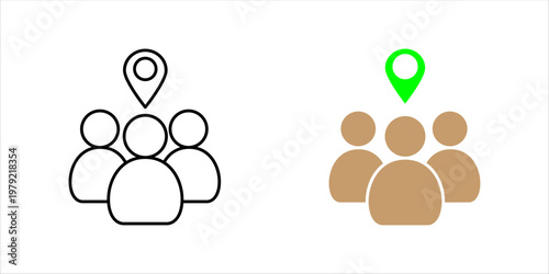 Group of people with location pin symbol representing community, team location, social network, and geographic targeting. icon set.