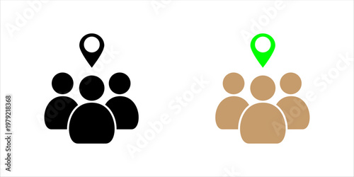 Group of people with location pin symbol representing community, team location, social network, and geographic targeting. icon set.