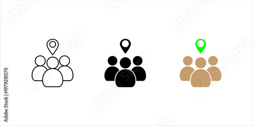 Group of people with location pin symbol representing community, team location, social network, and geographic targeting. icon set.