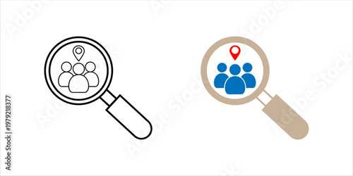 Magnifying glass over group of people with location pin representing audience targeting, market segmentation, and customer analysis. icon set.