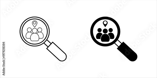 Magnifying glass over group of people with location pin representing audience targeting, market segmentation, and customer analysis. icon set.