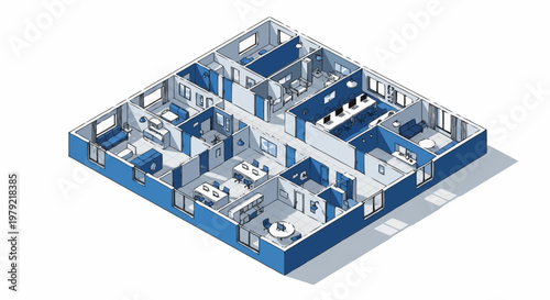 Isometric view of a modern office floor plan with cubicles, meeting rooms, and common areas, rendered in blue and white.