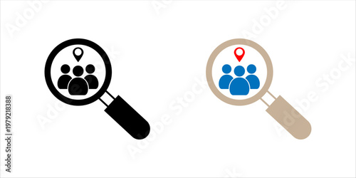 Magnifying glass over group of people with location pin representing audience targeting, market segmentation, and customer analysis. icon set.