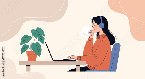 Young Woman Working Remotely with Laptop and Headphones, Enjoying Music