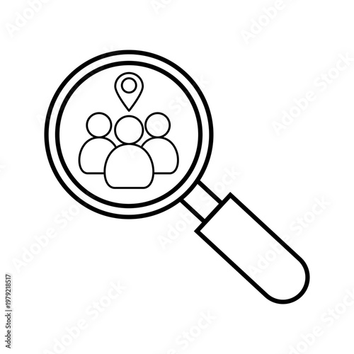 Magnifying glass over group of people with location pin representing audience targeting, market segmentation, and customer analysis.