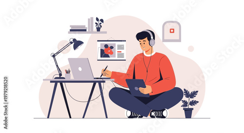 Young man with headphones working on laptop and tablet, creative freelance workspace