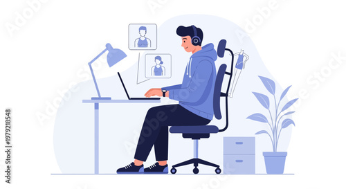 Young man working from home on laptop with headphones, video call with colleagues