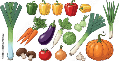 Hand drawn fresh vegetables set including leek bell peppers carrots eggplant cabbage pumpkin mushrooms tomato garlic and onion isolated illustration