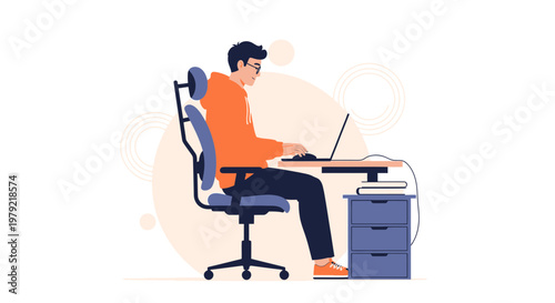 Young man working on laptop at desk, ergonomic chair, modern home office setup