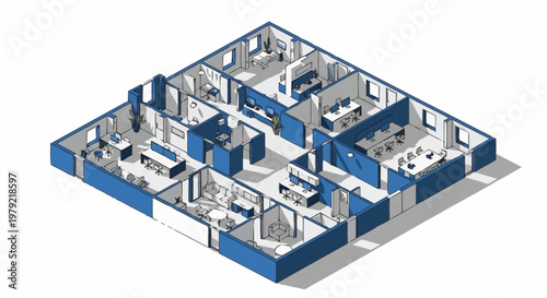 Isometric view of a modern office floor plan with cubicles, meeting rooms, and reception area.