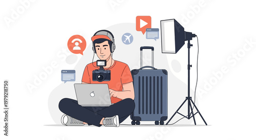 Vlogger with Laptop, Camera, Suitcase, and Lighting for Travel Content Creation
