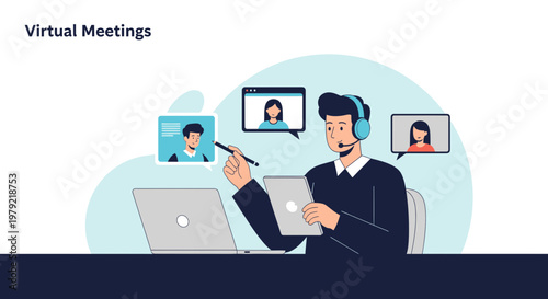 Virtual Meetings Concept: Man in Headset with Laptop and Video Conference Calls