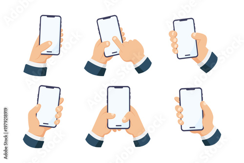 Vector illustration of Businessman Hands Holding Smartphone in Various Positions with Blank Screen for Mobile Phone Mockup
