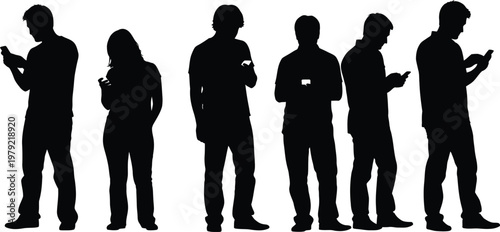 People using smartphones silhouettes set standing poses isolated on white background