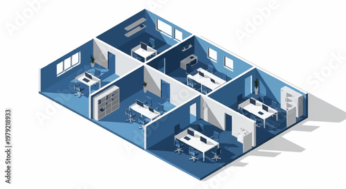 Modern open-plan office interior design with cubicles and workstations.