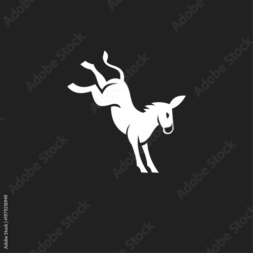 White Donkey Bucking Flat Design Logo on Black Background