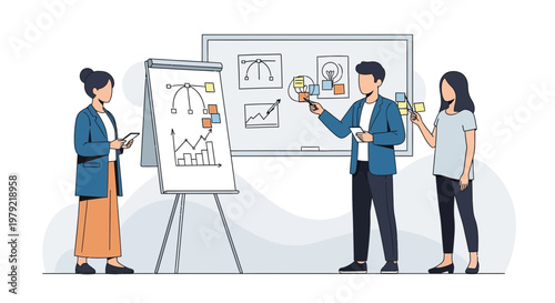 Team Brainstorming and Presentation with Flip Chart and Whiteboard