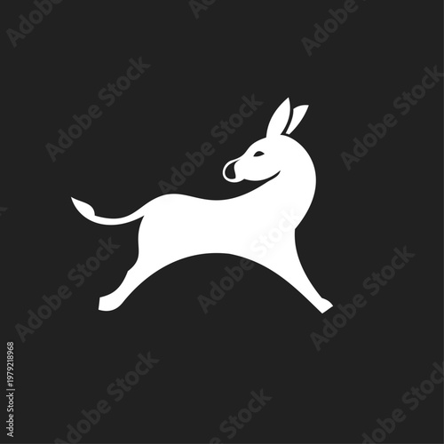 Energetic White Donkey Silhouette Running in Profile on a Solid Black Background, Minimalist Vector Art