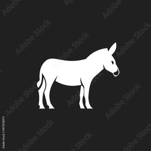 White Donkey Silhouette Standing in Profile on Black Background - Minimalist Vector Graphic
