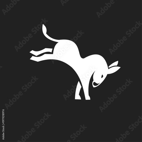 White Bucking Donkey Silhouette Graphic. Dynamic Jumping Mule Logo Design Element.