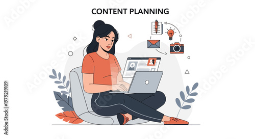 Content Planning: Woman Working on Laptop with Digital Marketing Icons