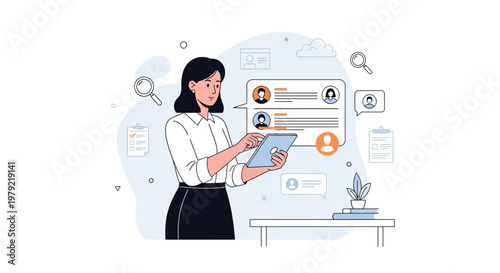 Businesswoman using tablet for HR management, recruitment, and employee search