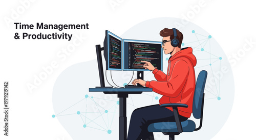 Programmer Working on Dual Monitors, Time Management & Productivity Concept