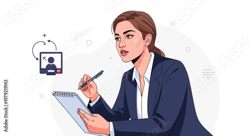 Businesswoman taking notes during online meeting, remote work, modern office concept