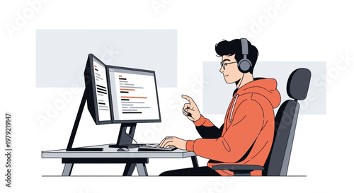 Programmer working on dual monitors with headphones, coding on computer, focused on screen