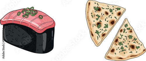 Hand drawn sushi nigiri and naan bread illustration set with traditional Japanese and Indian food detailed cuisine vector collection