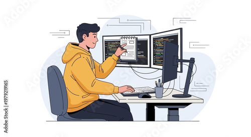 Programmer working on dual monitors with code on screen, coding, development, technology