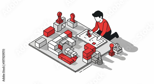 A person playing a strategy board game with abstract pieces and blocks, demonstrating strategic thinking and planning.