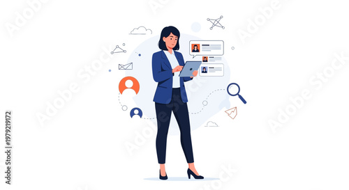 Businesswoman using tablet for recruitment, analyzing candidate profiles with search icons