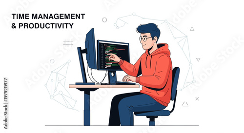 Programmer working on computer, time management and productivity concept