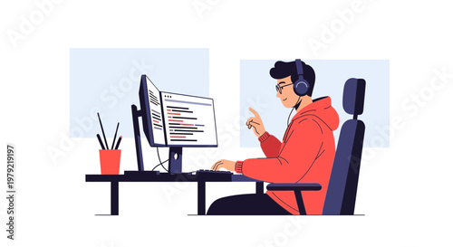 Programmer Working on Computer with Headphones, Coding and Developing Software