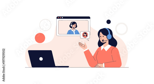 Online meeting with headset, video call, customer support, remote work, laptop, communication